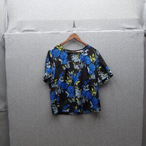 Anthony Richards Womens Floral Short-Sleeve Blouse Size 1X Black/Blue Polyester